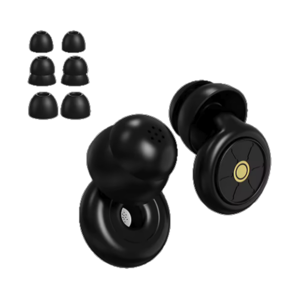 Silicone sleep earplugs in black with three pairs of spare ear tips