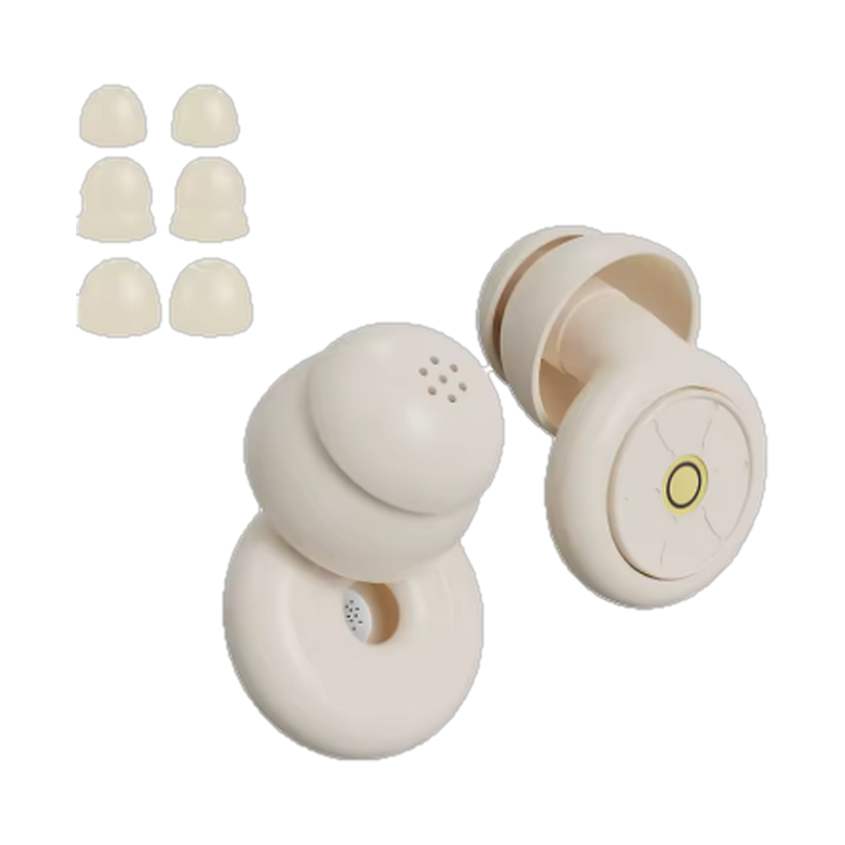 Silicone sleep earplugs in cream with three pairs of spare ear tips