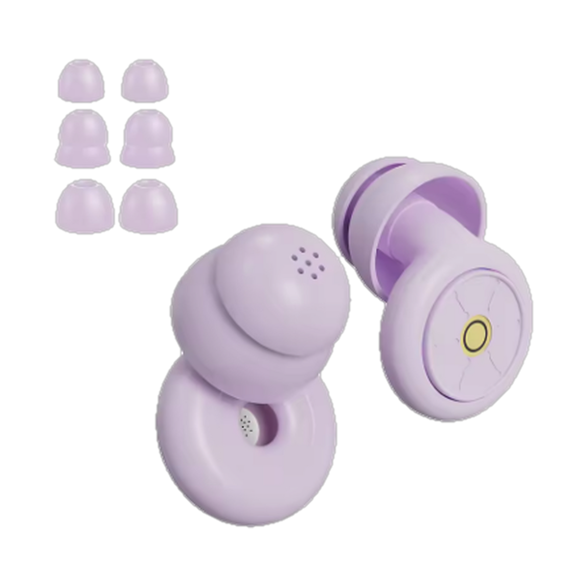 Silicone sleep earplugs in purple with three pairs of spare ear tips